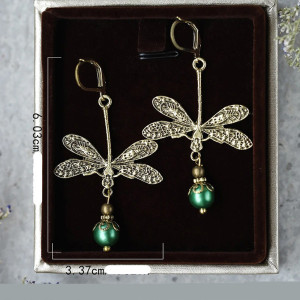 Pendientes Perla Esmeralda Bohemia - Joya Libélula Dorada Vintage