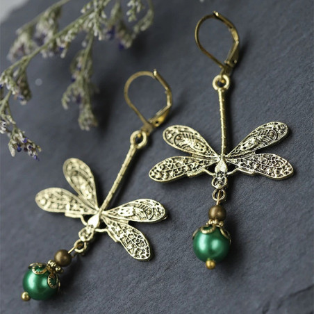 Pendientes Perla Esmeralda Bohemia - Joya Libélula Dorada Vintage