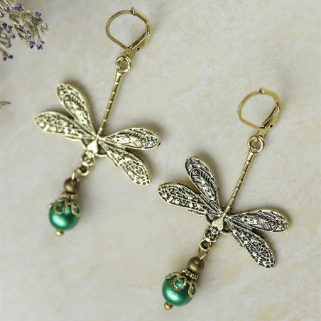 Pendientes Perla Esmeralda Bohemia - Joya Libélula Dorada Vintage