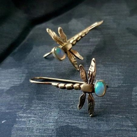 Pendientes Libélula Dorados con Ópalo | Joya Original Mujer