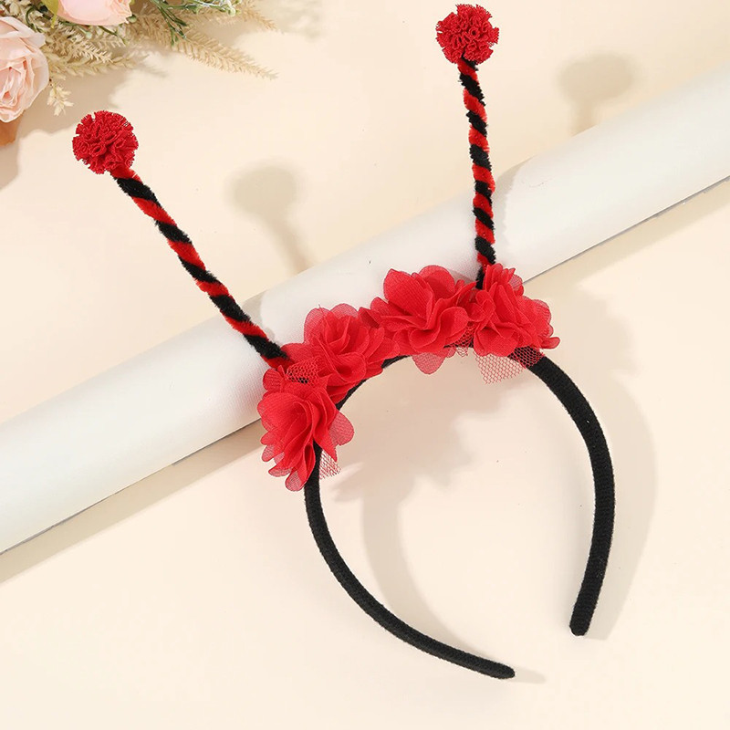 Diadema Mariquita Roja con Antenas y Flores | Accesorio Disfraz