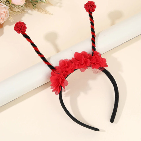 Diadema Mariquita Roja con Antenas y Flores | Accesorio Disfraz