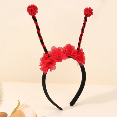 Diadema Mariquita Roja con Antenas y Flores | Accesorio Disfraz