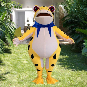 Mascota Rana Amarilla Croac Sol Tropical - ¡Disfraz Radiante!