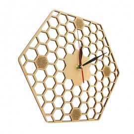 Horloge murale hexagonale en bois nid d'abeille vue angle