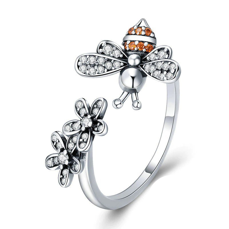 Bague Abeille en argent Sterling 925  taille ajustable avec abeille et fleurs pour femmes  - modele 1