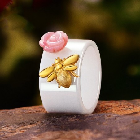 Bague Abeille en céramique en argent Sterling 925 bijou fin fait à la main avec jolie abeille en or 18K