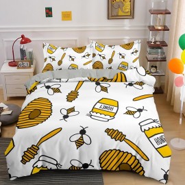 Parure de lit abeille - housse de couette avec taie d'oreiller Abeilles Ruches et Miel fond blanc