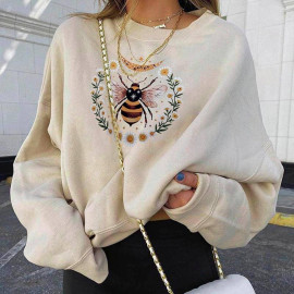 Magnifique Sweatshirt motif abeille à manches longues pour femme Beige