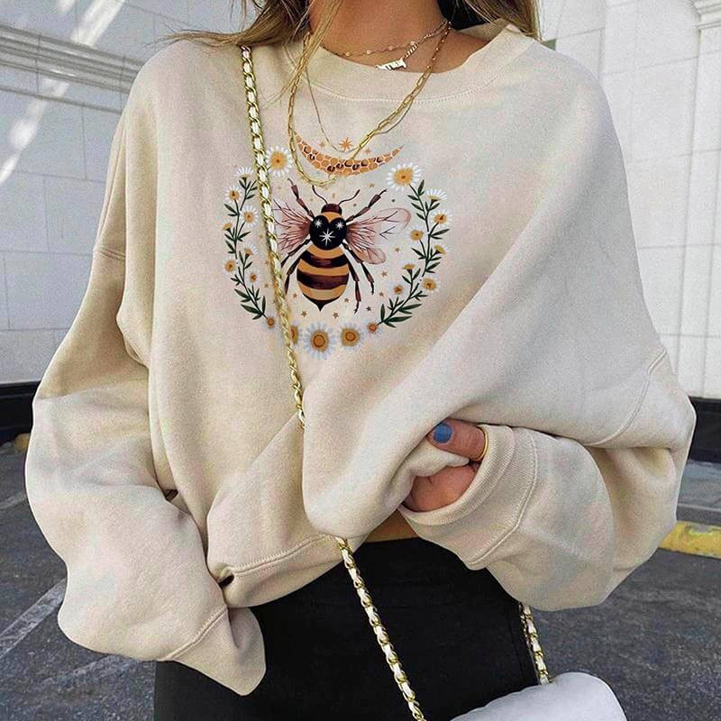 Magnifique Sweatshirt motif abeille à manches longues pour femme Beige