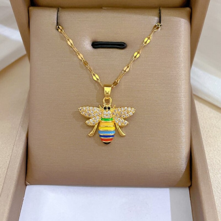 Collier abeille colorée plaqué or titane et acier avec chaîne à maillons