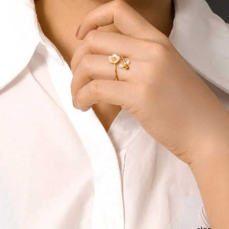 Bague ouverte abeille et petite fleur