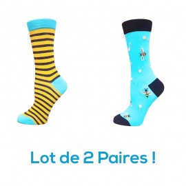 Lot de 2 paires de Chaussettes femme Motifs abeilles et rayures abeilles