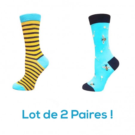 Lot de 2 paires de Chaussettes femme Motifs abeilles et rayures abeilles