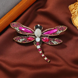 Broche Libellule Vintage Grand format aux ailles double - couleur rose