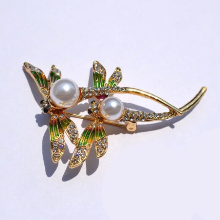 vue complète Élégante Broche double Libellules en Émail Multicolore avec perles