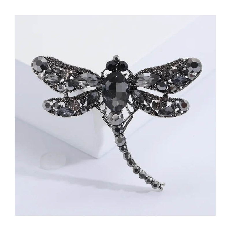 Grande Broche Libellule Ailles en Strass Couleur Gris