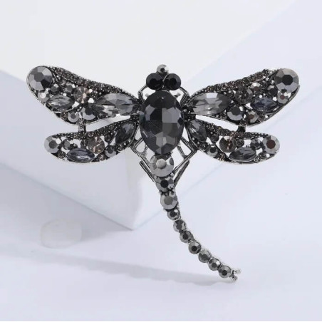 Grande Broche Libellule Ailles en Strass Couleur Gris
