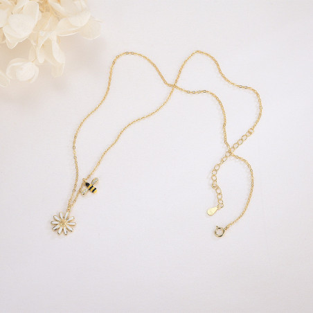 Collier Pendentif Abeille - Abeille Ailes Strass et Belle Marguerite Vue Complète