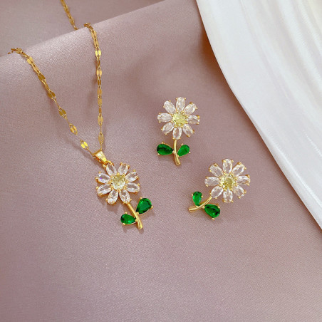 Ensemble Collier et Boucles d'Oreilles Fleurs Strass