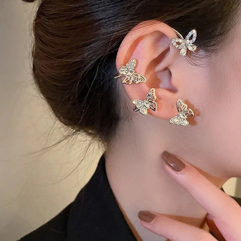 Boucles d'oreilles papillon - clip d'oreiles papillons plaqué or et strass