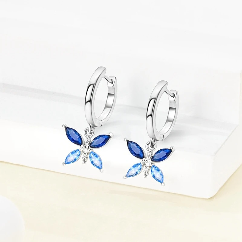 Boucles d'oreilles papillon aux papillons cristaux strass bleus en Argent Sterling 925