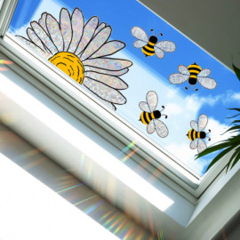 Vue Utilisation Grands Autocollants Suncatcher Tournesol et Abeilles pour fenêtre