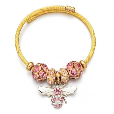 Bracelet en acier inoxydable avec perles en cristal abeille pour femme rose