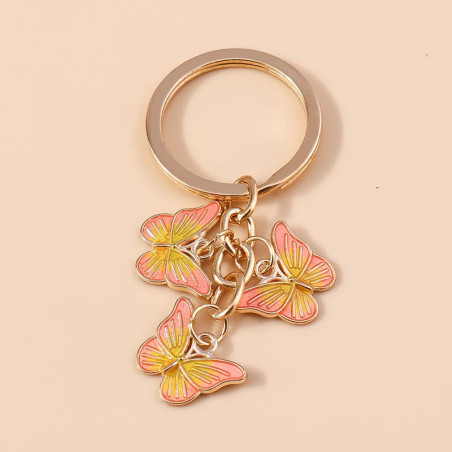 Porte-clés trois papillons en émail - couleur rose