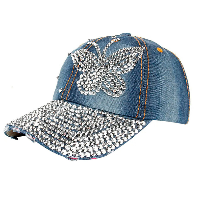 Casquette Papillon en Denim Strass et Grand Papillon - Couleur Bleu