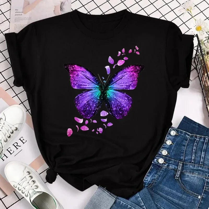T-shirt Grand Papillon Floral Violet Noir
