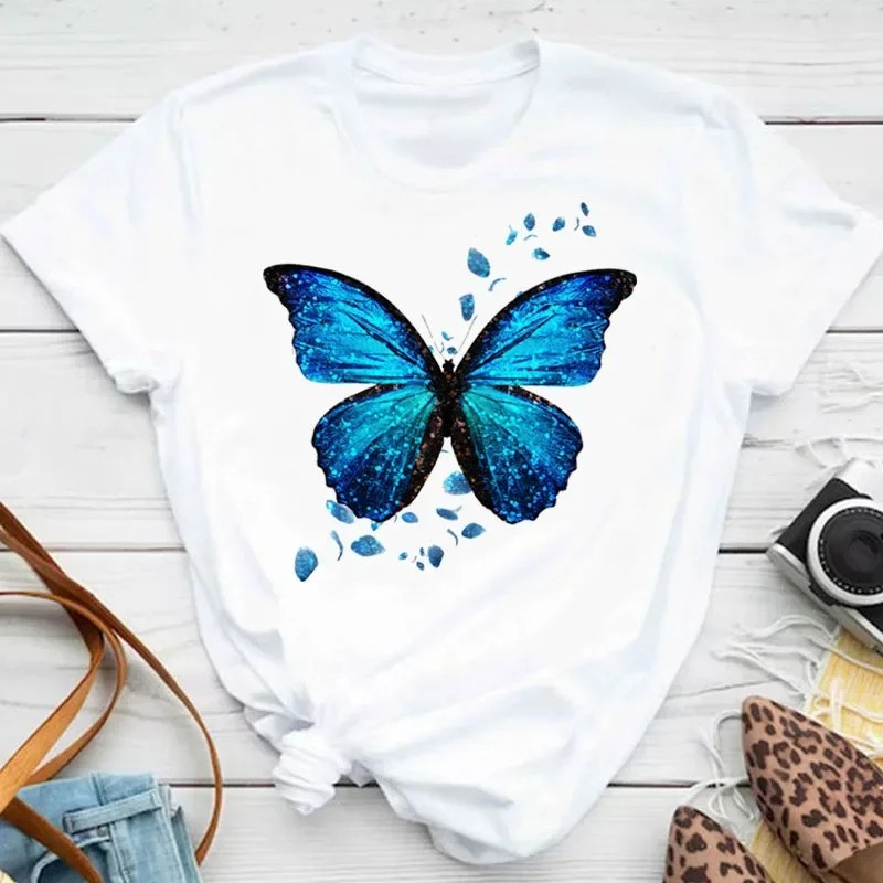 T-shirt Grand Papillon Floral Bleu couleur  Blanc