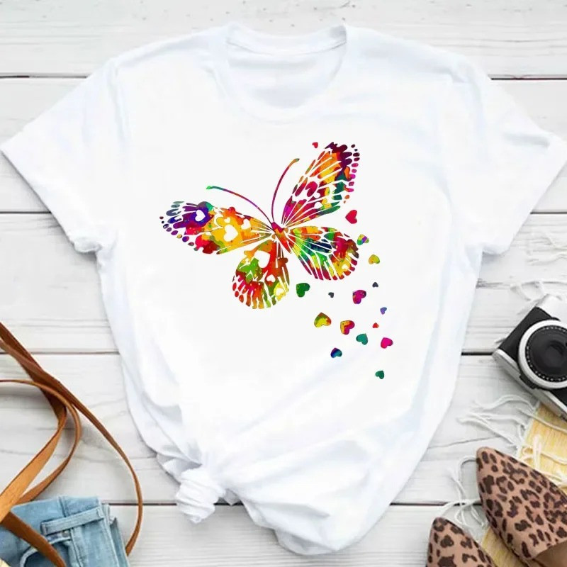 T-shirt Grand Papillon Multicolor et Vol de Petits Cœurs couleur Blanc