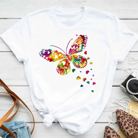 T-shirt Grand Papillon Multicolor et Vol de Petits Cœurs couleur Blanc