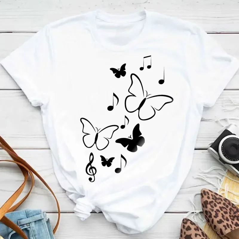 T-shirt Papillons Volants notes de musique couleur Blanc