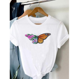 T-shirt imprimé mi Papillon mi Fleurs couleur blanc