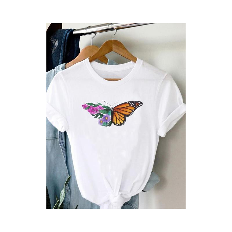 T-shirt imprimé mi Papillon mi Fleurs couleur blanc