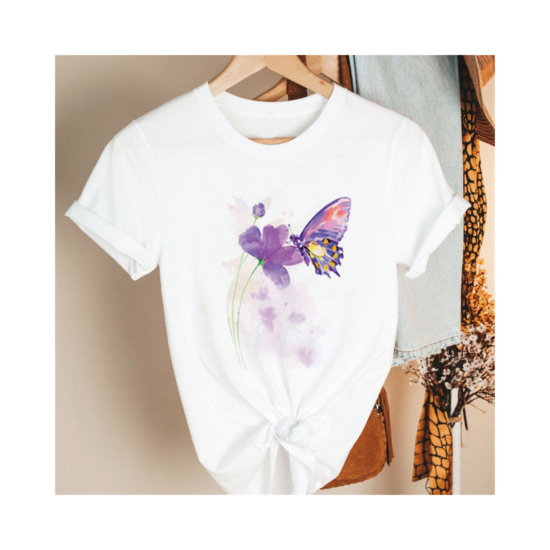 T-Shirt Grande Fleur Violette et Papillon Violet