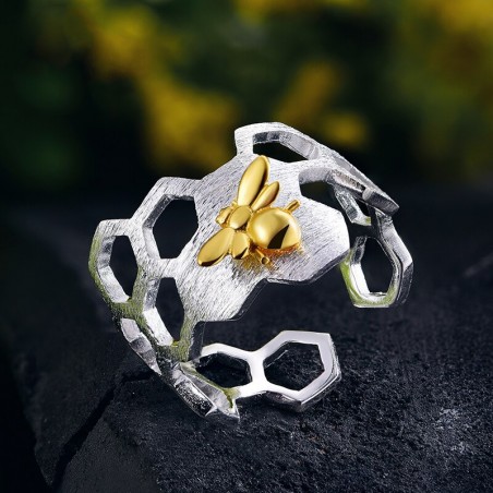 Bague à structure en nid d'abeille, en argent sterling 925 et or 18 k