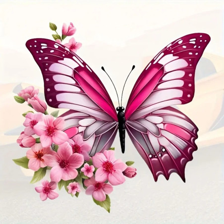 détails Sticker Papillon en vinyle Papillon Rose et Fleurs - 15cm x 15cm