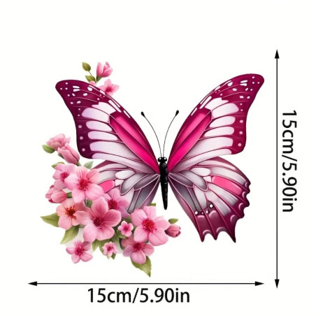 Dimensions du Sticker Papillon en vinyle Papillon Rose et Fleurs 15cm x 15cm