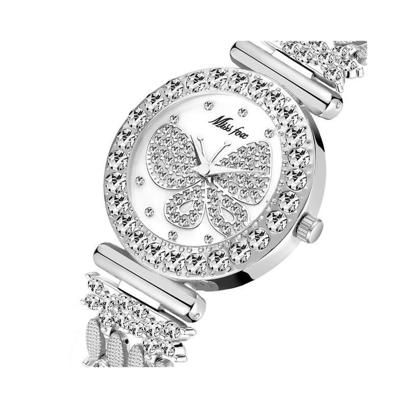 Montres Papillon Strass à Quartz étanche pour femmes en acier inoxydable couleur argent