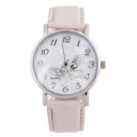 Montre Papillon élégant à Quartz avec bracelet en cuir pour femmes couleur Rose Pale
