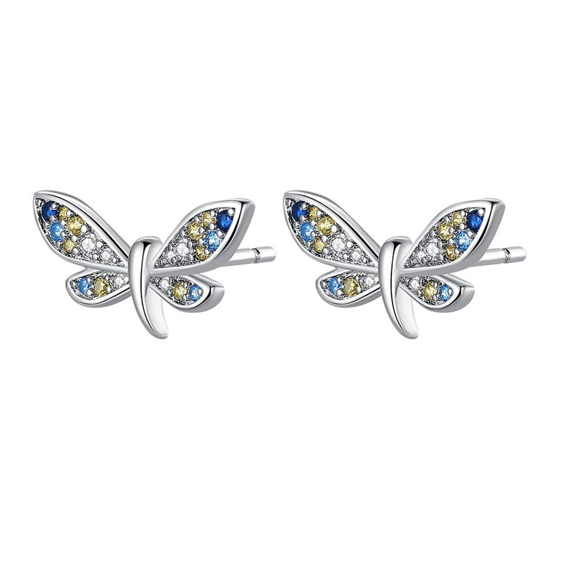 Boucles d'oreilles Petites Libéllule en Argent Sterling 925 Strass Colorés