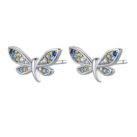 Boucles d'oreilles Petites Libéllule en Argent Sterling 925 Strass Colorés