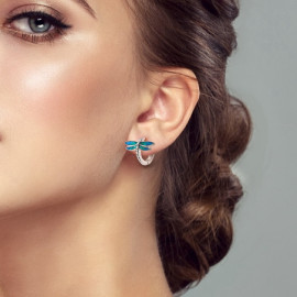 Boucles d'oreilles Libéllule de couleur Bleu Océan en Argent