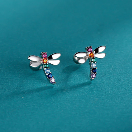 Design des Boucles d'oreilles Libéllule en Argent Sterling 925 avec Strass Colorés Argent