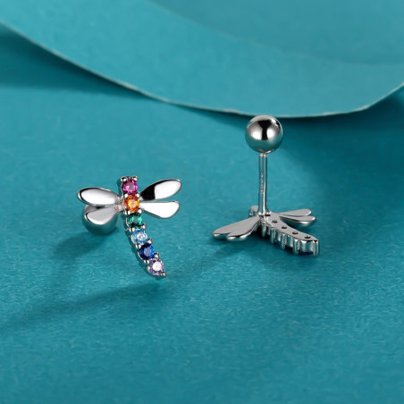 Vue complète des Boucles d'oreilles Libéllule en Argent Sterling 925 avec Strass Colorés
