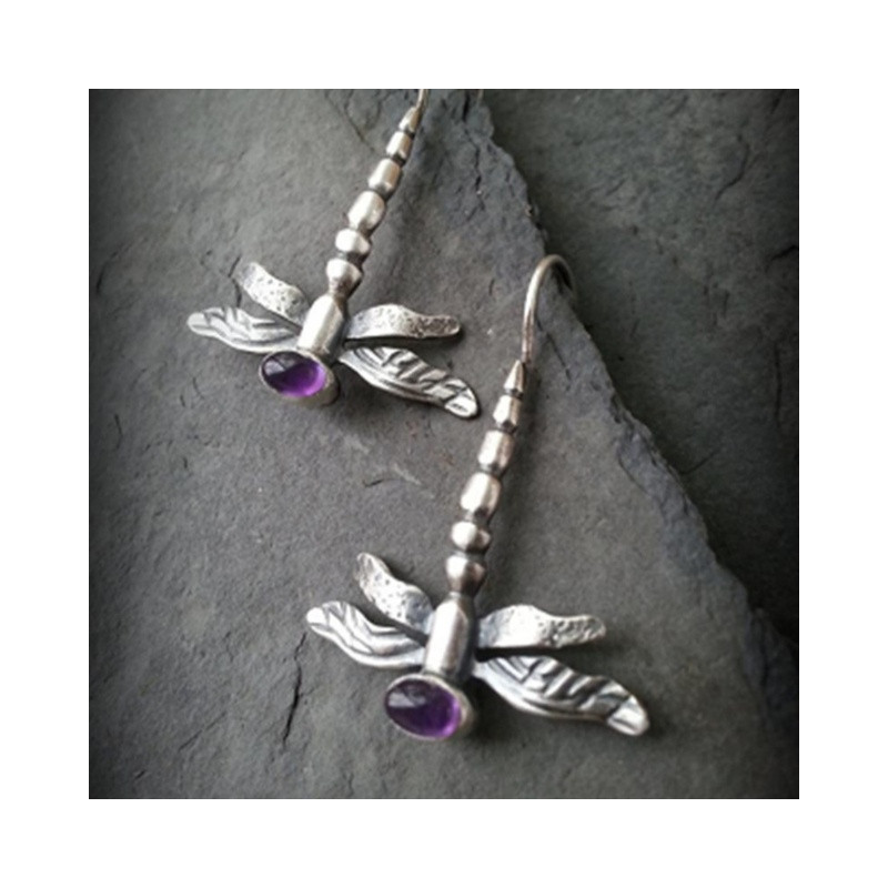 Boucles d'oreilles Libéllule Argentées Vintage Violet