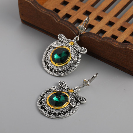 Magnifiques Boucles d'oreilles Libéllule Design Créateur Vintage en Cristal Couleur Vert
